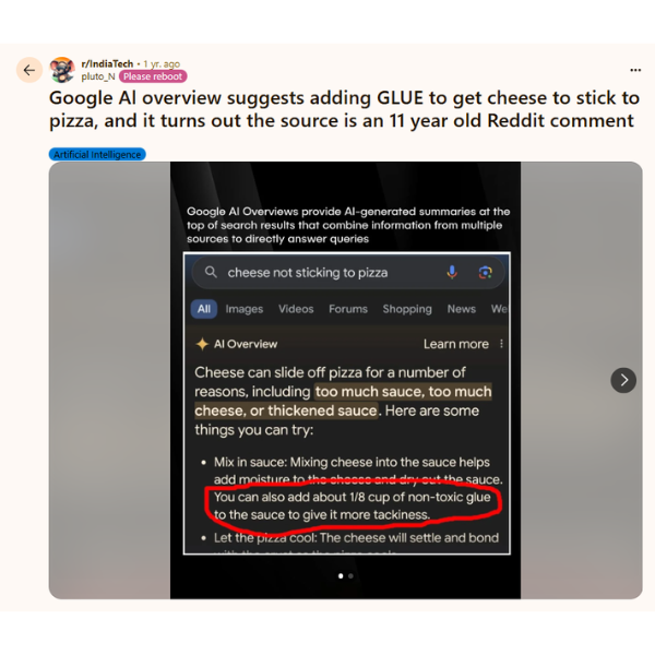 When Google’s AI Mode Refuses To Answer Questions, Fails To Generate Citations? 2 Google Al overview suggests adding GLUE to get cheese to stick to pizza